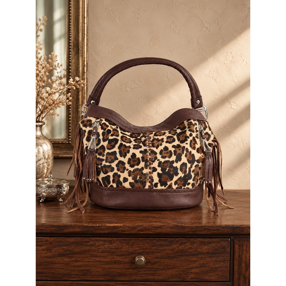 B Makowsky Leopard Cow Hair Leather Fringe Hobo Shoulder Bag Mob Wife Indie Boho